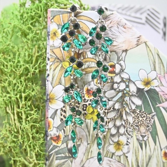 Green Rhinestone Statement Earrings - Picture 5 of 6